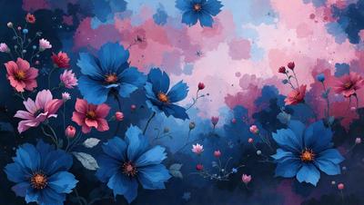 The primary subject of the image is a beautiful bouquet of blue flowers, which are the main focus of the scene. The flowers are arranged in a visually appealing manner, creating a sense of harmony and tranquility. The setting is a vibrant, colorful background that complements the blue flowers, adding depth and visual interest to the scene. The visual style of the image is a combination of digital art and illustration, resulting in a stunning and detailed representation of the flowers. The colors and mood of the image
