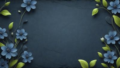 The primary subject of the image is a blue flower, which is placed on a blue background. The setting is a dark blue surface, possibly a wall or a piece of artwork. The visual style appears to be a digital art or illustration, as the flower is depicted in a detailed and realistic manner. The dominant colors in the image are blue and green, creating a calm and serene atmosphere.
