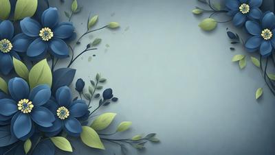 The primary subject of the image is a blue flower with green leaves, which is the main object, scene, or focus of the image. The setting/background features a gray wall, which serves as the environment, backdrop, or surface visible in the image. The visual style of the image is digital art, as it is a digital illustration of a flower. The dominant colors in the image are blue and green, creating a calm and serene atmosphere.