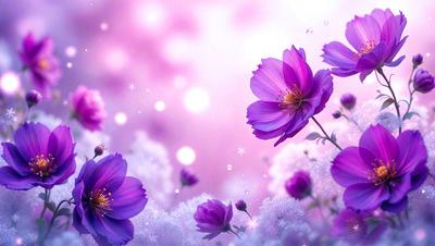 The primary subject of the image is a bouquet of purple flowers. The setting is a pink background, which adds a soft and delicate touch to the scene. The visual style is a combination of photo and digital art, creating a realistic yet artistic representation of the flowers. The colors and mood of the image are predominantly purple, which gives the scene a serene and calming atmosphere.