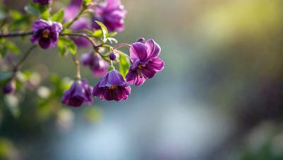 The primary subject of the image is a purple flower, which is the main focus of the scene. The flower is situated in a setting with a background of a tree branch, creating a natural and serene atmosphere. The visual style of the image is a photo, capturing the beauty of the purple flower in its natural environment. The colors and mood of the image are predominantly purple, which adds a sense of calmness and tranquility to the scene.