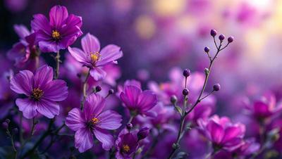 The primary subject of the image is a close-up of a purple flower with a yellow center. The setting is a garden, with the flower surrounded by other purple flowers. The visual style is a photo, capturing the beauty of the flowers in their natural environment. The colors and mood of the image are predominantly purple, creating a serene and calming atmosphere.