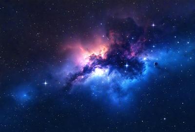 The primary subject of the image is a vibrant, colorful nebula in space. The setting is a dark, starry sky, with the nebula standing out as the main focus. The visual style is a combination of a photo and digital art, creating a striking and detailed representation of the celestial object. The colors and mood of the image are predominantly blue, with the nebula's vivid hues and the overall atmosphere being serene and awe-inspiring.