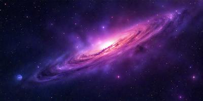 The primary subject of the image is a purple nebula, which is a large, cloudy mass of gas and dust in space. The setting is a dark, starry sky, with the nebula being the main focus of the image. The visual style is a combination of a photo and digital art, creating a striking and detailed representation of the nebula. The colors and mood of the image are predominantly purple, giving it a serene and celestial atmosphere.