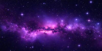 The primary subject of the image is a purple nebula, which is a part of a galaxy. The setting is a dark, star-filled sky, with the purple nebula as the main focus. The visual style is a combination of a photo and digital art, creating a unique and captivating representation of the galaxy. The colors and mood of the image are predominantly purple, giving it a serene and celestial atmosphere.