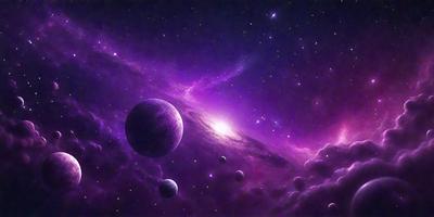 The primary subject of the image is a purple nebula with a planet and two moons in the foreground. The setting is a space filled with stars, creating a vibrant and colorful backdrop. The visual style is a digital art or illustration, giving the image a unique and artistic appearance. The dominant colors are purple and blue, creating a serene and celestial atmosphere.