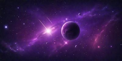 The primary subject of the image is a purple background with a planet and a comet. The setting is a space environment, and the visual style is digital art. The dominant colors are purple and pink, creating a calm and serene atmosphere.