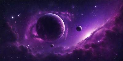 The primary subject of the image is a purple planet with a black and purple ring around it. The setting is a purple sky with a few stars visible. The visual style is a digital art or illustration, creating a unique and vibrant atmosphere. The colors and mood of the image are predominantly purple, giving it a dreamy and otherworldly feel.