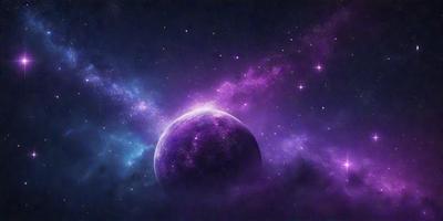 The primary subject of the image is a purple planet, which is the main focus of the scene. The setting is a purple and blue sky, with a few stars visible in the background. The visual style of the image is digital art, as it appears to be a painting or drawing created using digital tools. The dominant colors in the image are purple and blue, giving it a serene and celestial atmosphere.