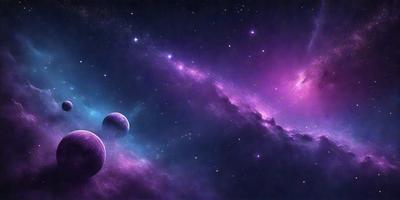 The primary subject of the image is a purple and blue space scene featuring two planets. The setting is a purple and blue sky, which adds to the overall visual style. The image is a digital art or illustration, showcasing the artist's creativity and imagination. The colors and mood of the scene are vibrant and dreamy, evoking a sense of wonder and exploration.