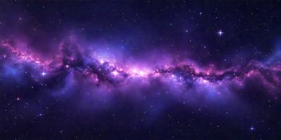 The primary subject of the image is a purple nebula, which is a beautiful and colorful celestial object. The setting is a dark, star-filled sky, creating a contrasting backdrop for the nebula. The visual style of the image is a combination of photo and digital art, as it captures the vibrant colors and intricate patterns of the nebula. The colors and mood of the image are predominantly purple and dark, with a sense of wonder and awe at the
