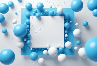 The primary subject of the image is a blue square with white bubbles surrounding it. The setting is a white background, and the visual style appears to be a digital art or illustration. The dominant colors are blue and white, creating a calm and soothing atmosphere.