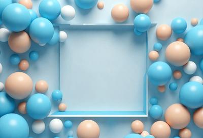 The primary subject of the image is a blue square with a white frame, which is surrounded by a variety of blue and white balls. The setting is a blue background, and the visual style appears to be a combination of digital art and illustration. The dominant colors in the image are blue and white, creating a calm and soothing atmosphere.