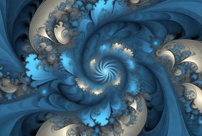 The primary subject of the image is a blue spiral pattern, which appears to be a digital art or illustration. The setting is a blue background, and the visual style is a combination of digital art and illustration. The colors and mood of the image are predominantly blue, creating a calm and serene atmosphere.