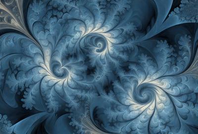 The primary subject of the image is a blue and white swirling pattern, which appears to be a digital art or illustration. The setting is a blue background, and the visual style is a combination of digital art and illustration. The dominant colors are blue and white, creating a calm and soothing atmosphere.