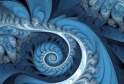 The primary subject of the image is a spiral pattern, which is the main object, scene, or focus of the image. The spiral pattern is set against a blue background, creating a visually striking contrast. The image is a digital art piece, showcasing the artist's creativity and skill in designing intricate patterns. The dominant colors in the image are blue and white, giving it a calm and serene atmosphere.