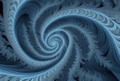 The primary subject of the image is a spiral pattern, which is the main object, scene, or focus of the image. The setting or background features a blue surface, which adds to the overall atmosphere. The visual style of the image is digital art, as it is a digital creation. The dominant colors in the image are blue and white, creating a calm and serene mood.