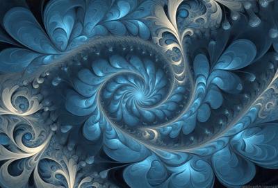 The primary subject of the image is a blue spiral pattern, which appears to be a digital art or illustration. The setting is a blue background, and the visual style is a combination of digital art and illustration. The dominant colors in the image are blue and white, creating a calm and serene atmosphere.