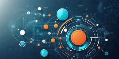 The primary subject of the image is a blue and orange circle with a lot of lines and shapes surrounding it. The setting is a blue background, and the visual style appears to be a combination of digital art and illustration. The colors and mood of the image are vibrant and energetic, with the blue and orange circle serving as the focal point.