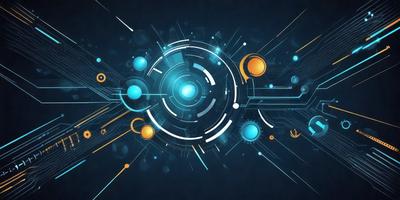 The primary subject of the image is a futuristic, blue and orange digital artwork featuring a circular design with various blue and orange elements. The setting is a blue background, and the visual style is a combination of digital art and illustration. The colors and mood of the image are vibrant and energetic, with a focus on the blue and orange hues.