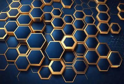 The primary subject of the image is a blue and gold honeycomb pattern. The setting is a blue background, and the visual style appears to be a digital art or illustration. The dominant colors are blue and gold, creating a sense of depth and richness in the pattern.
