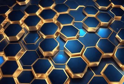 The primary subject of the image is a close-up of a blue and gold hexagonal pattern. The setting is a blue background, and the visual style appears to be a digital art or illustration. The dominant colors are blue and gold, creating a vibrant and visually appealing atmosphere.