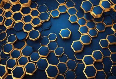 The primary subject of the image is a blue and gold honeycomb pattern. The setting is a blue background, and the visual style is a digital art or illustration. The dominant colors are blue and gold, creating a calm and soothing atmosphere.