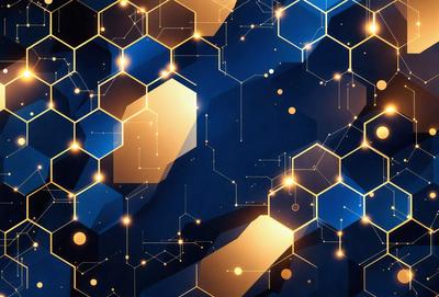 The primary subject of the image is a close-up of a blue and gold pattern, which appears to be a digital art or illustration. The setting is a dark background, and the visual style is a combination of digital art and illustration. The dominant colors are blue and gold, creating a sense of depth and complexity in the pattern.