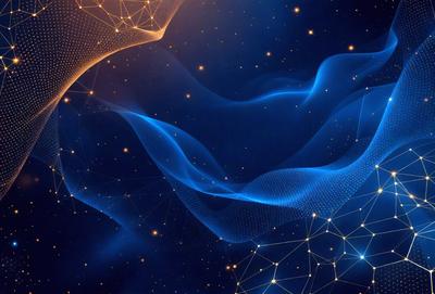 The primary subject of the image is a blue, swirling, and flowing pattern, which appears to be a digital art or illustration. The setting is a dark, star-filled sky, creating a sense of depth and contrast. The visual style is a combination of digital art and a pattern, giving the image a unique and captivating appearance. The dominant colors are blue and black, with the blue pattern and the black background creating a striking contrast. The overall atmosphere of the image is one of beauty and intrigue, as the