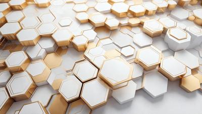 The primary subject of the image is a pattern of hexagonal shapes, which are arranged in a honeycomb-like structure. The setting is a white background, which provides a clean and minimalist appearance. The visual style is a combination of digital art and illustration, creating a unique and intricate design. The dominant colors are white and gold, giving the pattern a warm and elegant feel.