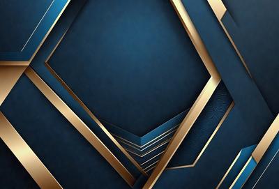 The primary subject of the image is a blue background with gold geometric shapes. The setting is a blue wall with gold geometric shapes, creating a visually appealing and unique design. The visual style is a combination of digital art and illustration, showcasing the artist's creativity and attention to detail. The colors and mood of the image are predominantly blue and gold, giving it a sophisticated and elegant appearance.