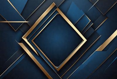 The primary subject of the image is a blue square with a gold border. The setting is a blue background, and the visual style appears to be a digital art or illustration. The dominant colors are blue and gold, creating a calm and sophisticated atmosphere.