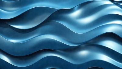 The primary subject of the image is a blue, wavy wallpaper with a wave pattern. The setting is a room with a blue wall, and the visual style is a digital art or illustration. The dominant colors are blue and silver, creating a calm and soothing atmosphere.