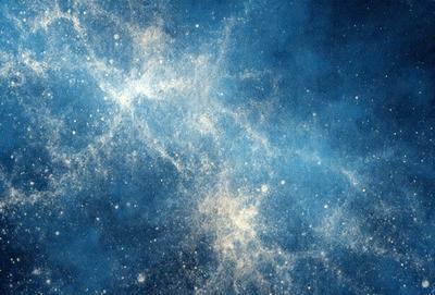 The primary subject of the image is a blue background with a white, cloudy, and somewhat fuzzy appearance. The setting appears to be a space or a celestial environment. The visual style of the image is a combination of a photo and a digital art, illustration, or drawing. The dominant colors are blue and white, creating a serene and calming atmosphere.
