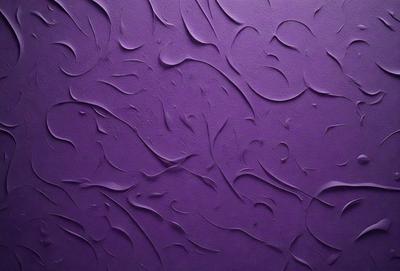 The primary subject of the image is a purple wall with a pattern of swirls and curves. The setting is a room with a purple background, and the visual style appears to be a combination of a photo and a digital art or illustration. The dominant colors are purple and white, creating a calm and soothing atmosphere.