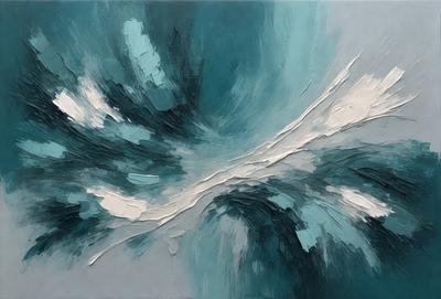 The primary subject of the image is a painting of a blue and white wave. The setting is a canvas, and the visual style is a painting. The dominant colors are blue and white, creating a calm and serene atmosphere.