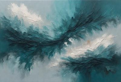 The primary subject of the image is a painting of a tree branch. The setting is a blue background, and the visual style appears to be a digital art or illustration. The dominant colors in the painting are blue and white, creating a calm and serene atmosphere.