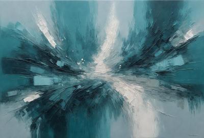 The primary subject of the image is a painting of a blue and white sky. The setting is a blue background, and the visual style appears to be a digital art or illustration. The colors and mood of the painting are predominantly blue and white, creating a serene and calming atmosphere.