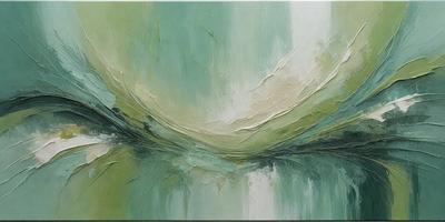 The primary subject of the image is a painting of a wave. The setting is a painting of a wave, and the visual style is a painting. The dominant colors are green and blue, creating a calm and serene atmosphere.