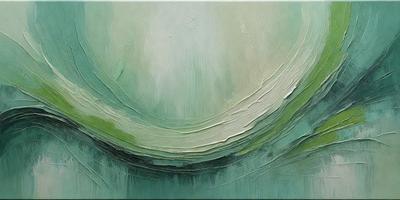 The primary subject of the image is a painting of a green and white landscape. The setting is a painting of a mountain, and the visual style is a digital artwork. The dominant colors in the painting are green and white, creating a serene and natural atmosphere.