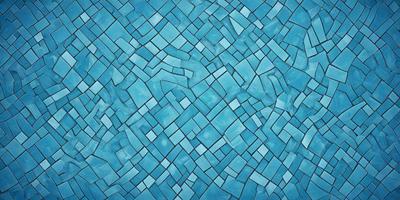 The primary subject of the image is a blue tile wall with a pattern of blue squares. The setting is a room with a blue tile floor. The visual style is a close-up of the blue tile wall, showcasing the intricate pattern of the blue squares. The colors and mood of the image are predominantly blue, creating a calm and serene atmosphere.
