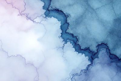 The primary subject of the image is a cloudy sky with a blue and white color scheme. The setting is a cloudy sky, and the visual style is a watercolor painting. The dominant colors are blue and white, creating a calm and serene atmosphere.