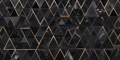 The primary subject of the image is a black and gold marble wall with a geometric pattern. The setting is a room with a black and gold marble wall as the main focus. The visual style is a close-up of the marble wall, showcasing its intricate design. The dominant colors are black and gold, creating a luxurious and elegant atmosphere.
