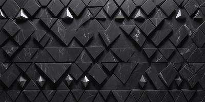 The primary subject of the image is a black marble wall with a pattern of triangles. The setting is a black and white photo, which gives the image a classic and timeless appearance. The visual style is a close-up of the marble wall, showcasing the intricate pattern of the triangles. The colors and mood of the image are predominantly black and white, creating a sense of elegance and sophistication.