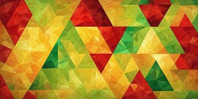 The primary subject of the image is a colorful, geometric pattern made up of triangles. The pattern is displayed on a yellow and green background, creating a vibrant and lively atmosphere. The visual style of the image is a combination of digital art and illustration, with the triangles forming a cohesive and visually appealing design. The colors and mood of the image are predominantly yellow and green, giving it a warm and inviting feel.