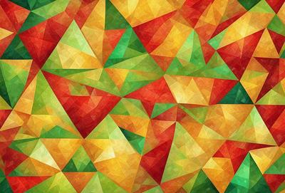 The primary subject of the image is a colorful, geometric pattern featuring a mix of green, yellow, and red colors. The setting is a large, abstract background that complements the vibrant pattern. The visual style is a combination of digital art and illustration, creating a unique and eye-catching design. The colors and mood of the image are lively and energetic, with the green, yellow, and red hues creating a sense of warmth and liveliness.