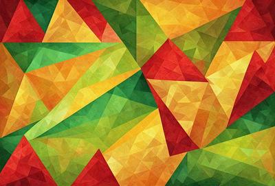 The primary subject of the image is a colorful, geometric pattern featuring a mix of green, yellow, and red colors. The setting is a wall, and the visual style appears to be a combination of digital art and illustration. The dominant colors and overall atmosphere of the image are vibrant, lively, and energetic.