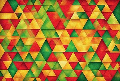 The primary subject of the image is a colorful, geometric pattern featuring triangles and diamonds. The setting is a wall, and the visual style is a combination of digital art and illustration. The dominant colors are red, green, yellow, and orange, creating a vibrant and lively atmosphere.