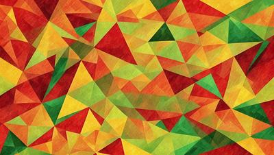 The primary subject of the image is a colorful, geometric pattern featuring a mix of red, yellow, green, and orange colors. The setting is a painting or digital artwork, showcasing a vibrant and lively atmosphere. The visual style is a combination of digital art and illustration, creating a unique and eye-catching design.
