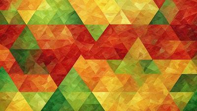 The primary subject of the image is a colorful, geometric pattern. The setting is a colorful, triangular-shaped background. The visual style is a combination of digital art and illustration. The dominant colors are yellow, green, and red, creating a vibrant and lively atmosphere.
